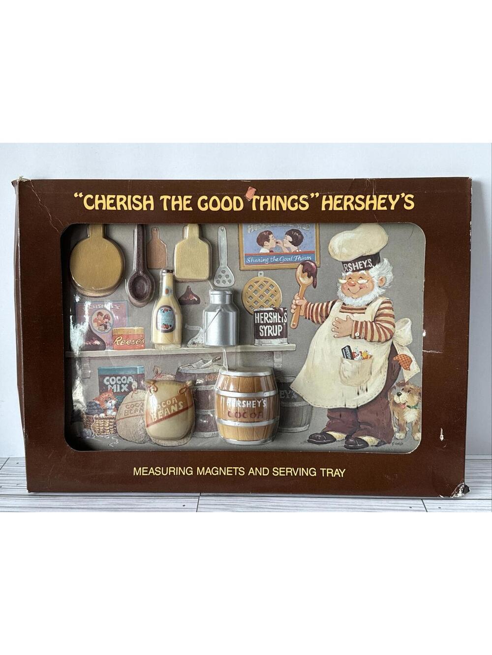 1985 Vintage Hershey's Chocolate Baker Tray 7 Spoon Measuring Magnets JH Schuler